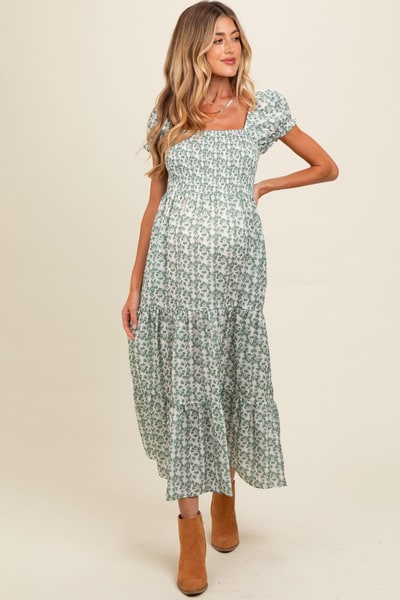 PinkBlush Olive Floral Puff Sleeve Smocked Maternity Maxi Dress