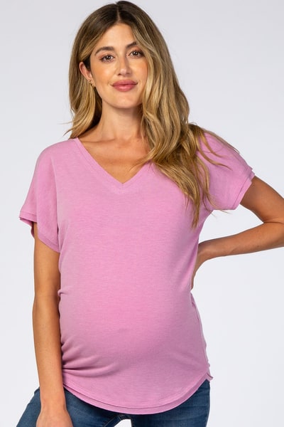 PinkBlush Mauve V-Neck Raw Hem Maternity Short Sleeve Top