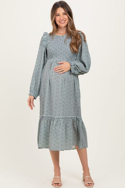 PinkBlush Mint Tiny Floral Ruffled Mock Neck Babydoll Maternity Midi Dress