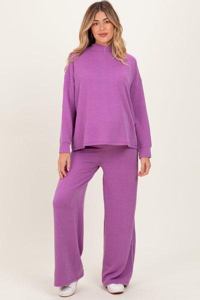 PinkBlush Lavender Textured Rib Mock Neck Long Sleeve Pants Maternity Set