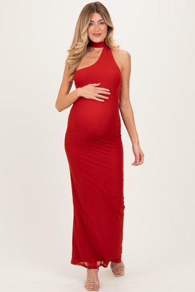 PinkBlush Brick Mesh Overlay Halter Maternity Maxi Dress