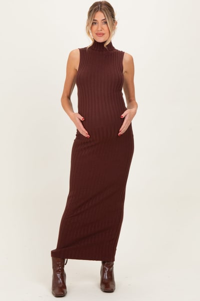 PinkBlush Brown Turtleneck Ribbed Knit Sleeveless Maternity Maxi Dress