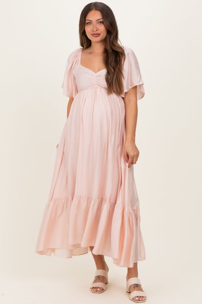 PinkBlush Light Pink Flutter Sleeve Ruffle Hem Maternity Midi Dress