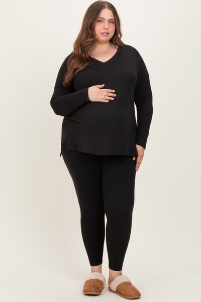 PinkBlush Black Brushed Knit Oversized Top and Legging Maternity Plus Set