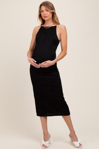 PinkBlush Black Textured Sleeveless Fitted Maternity Midi Dress