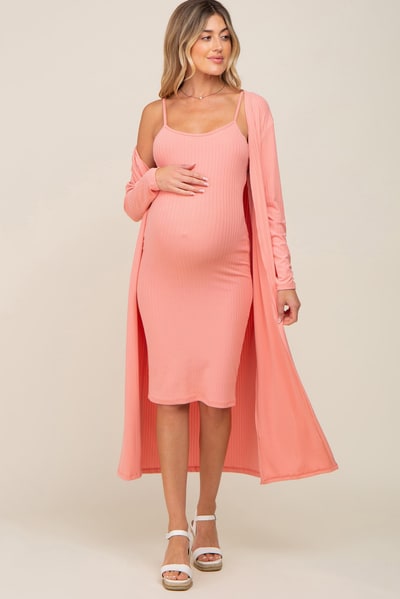 PinkBlush Peach Ribbed Cardigan 2 Piece Maternity Set