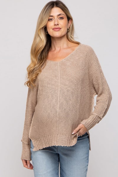 PinkBlush Taupe Chunky Knit Side Slit Maternity Sweater