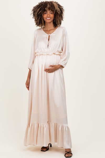 PinkBlush Beige Solid Satin Long Sleeve Open V-Neck Ruffle Waist Tiered Maternity Maxi Dress