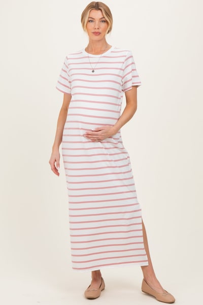PinkBlush Peach Striped Side Slit Maternity Maxi Dress