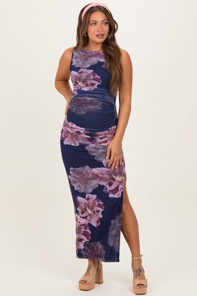 PinkBlush Navy Floral Ruched Sleeveless Maternity Midi Dress
