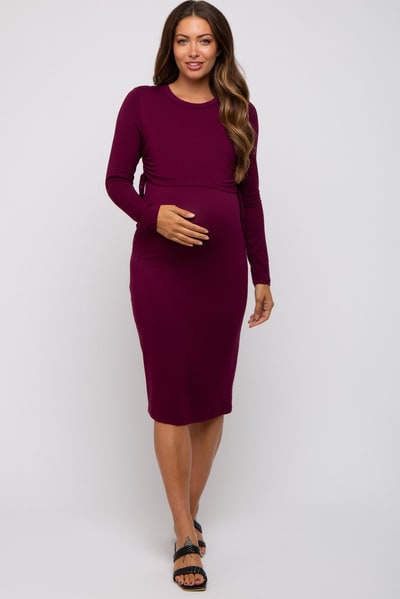 PinkBlush Burgundy Long Sleeve Maternity Nursing Dress