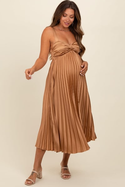 PinkBlush Gold Satin Pleated Sweetheart Maternity Midi Dress