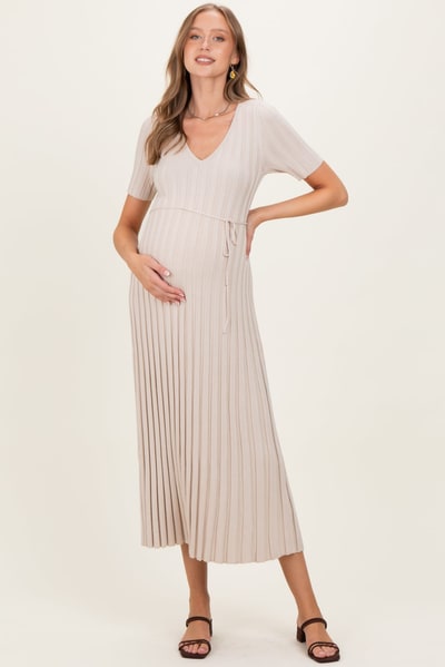 PinkBlush Taupe Ribbed Short Sleeve Maternity Knit Maxi Dress
