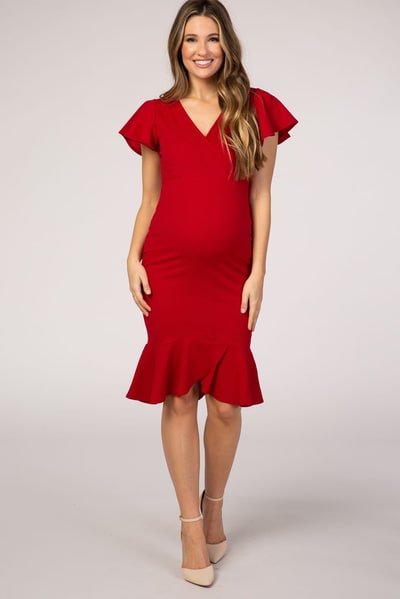 PinkBlush PinkBlush Red Ruffle Accent Fitted Maternity Wrap Dress