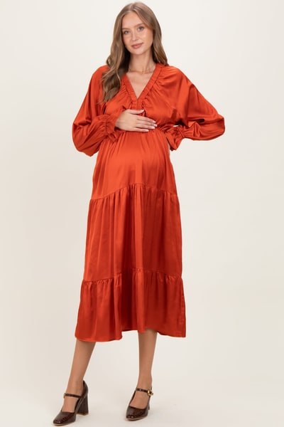 PinkBlush Rust Solid V-Neck Satin Long Sleeve Maternity Maxi Dress
