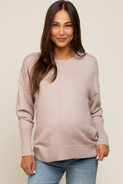 PinkBlush Beige Rib Knit Exposed Seam Maternity Sweater