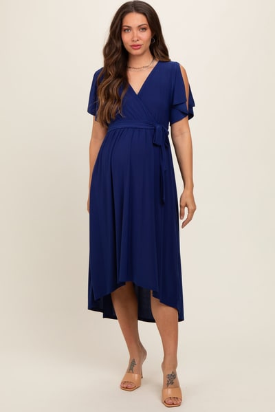 PinkBlush Navy Blue Flutter Sleeve Waist Tie Maternity Nursing Dress