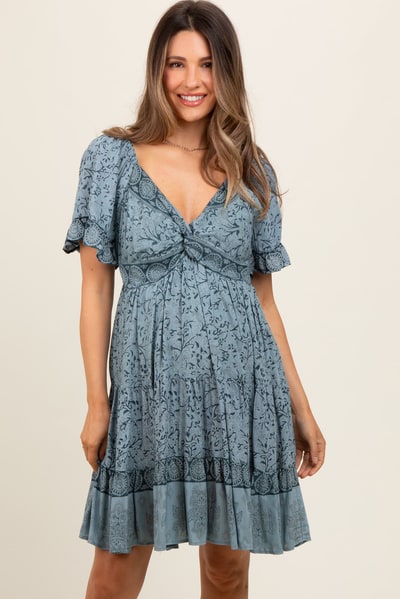 PinkBlush Blue Floral Paisley Knot V-Neck Short Sleeve Maternity Dress