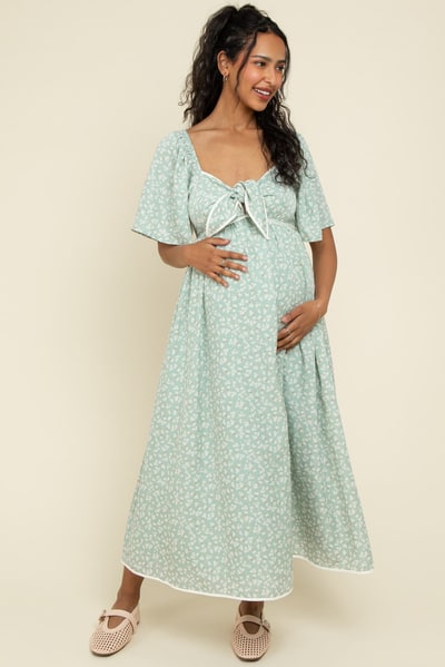 PinkBlush Sage Floral Tie Front Flutter Sleeve Maternity Midi Dress