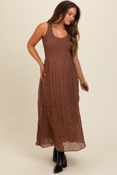 PinkBlush Mocha Textured Smocked Bodice Sleeveless Maternity Maxi Dress