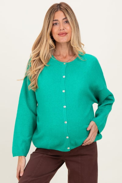 PinkBlush Green Classic Crew Neck Maternity Button Cardigan