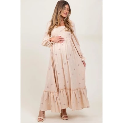 Target Pinkblush Cream Long Sleeve Floral Accent Maternity Dress Small