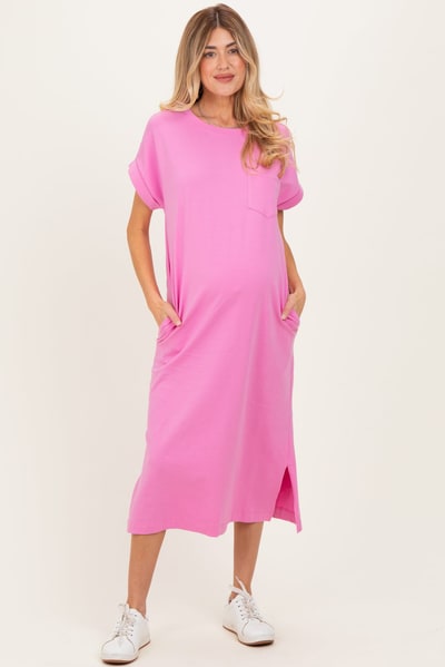 PinkBlush Pink Pocket Front Maternity Midi T-Shirt Dress