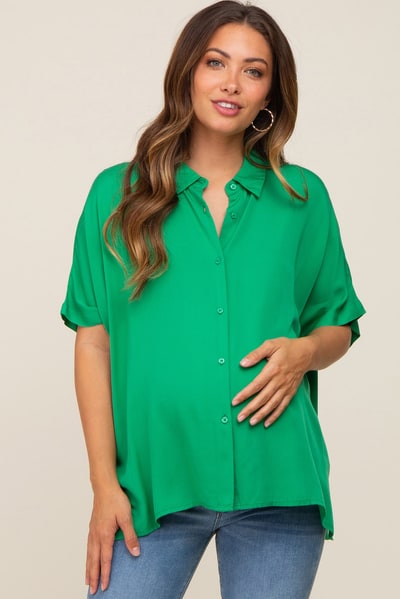 PinkBlush Green Button Up Dolman Short Sleeve Maternity Top
