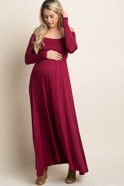 PinkBlush PinkBlush Petite Dark Burgundy Solid Off Shoulder Maternity Maxi Dress