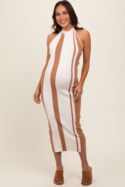 PinkBlush Cream Stripe Ribbed Maternity Halter Dress
