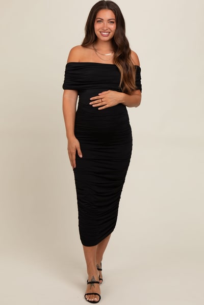 PinkBlush Black Off Shoulder Ruched Maternity Midi Dress