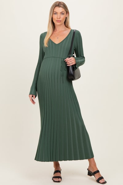 PinkBlush Olive Ribbed Maternity Knit Maxi Dress