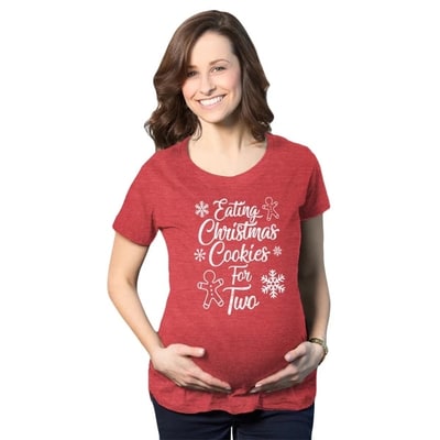 Target Maternity Eating Cookies for Two Pregnancy T shirt Cute Christmas Announcement - Crazy Dog Maternity T Shirt Gift For Christmas Red S