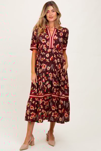 PinkBlush Brown Floral Contrast Trim Maternity Midi Dress