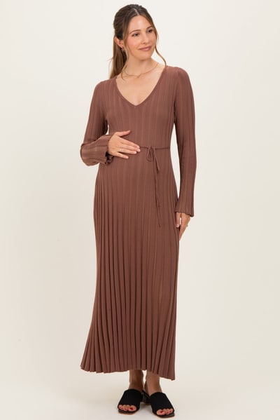 PinkBlush Brown Ribbed Maternity Knit Maxi Dress