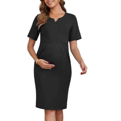 Target INSPIRE CHIC Women's Work Maternity Dresses Formal Short Sleeves V-Neck Front Pleated Office Pregnancy Business Dress Large Black