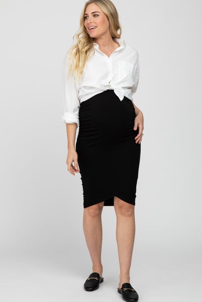 PinkBlush Black Ruched Maternity Wrap Pencil Skirt