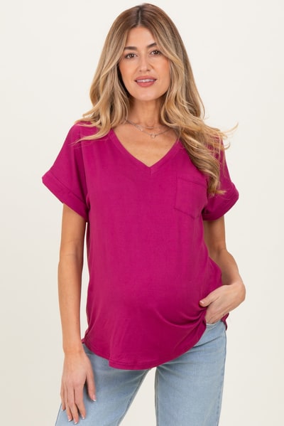 PinkBlush Magenta V-Neck Pocket Short Sleeve Maternity Shirt