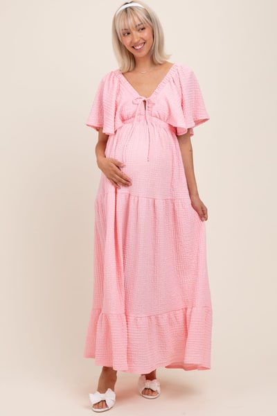 PinkBlush Light Pink Woven Textured Flutter Sleeve V-Neck Tiered Maternity Maxi Dress