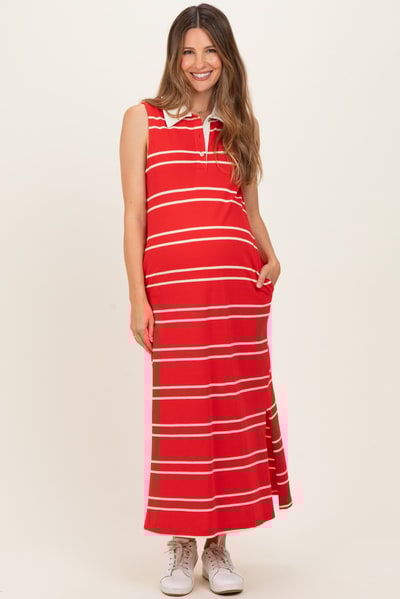 PinkBlush Red Striped Sleeveless Collared Maternity Midi Dress