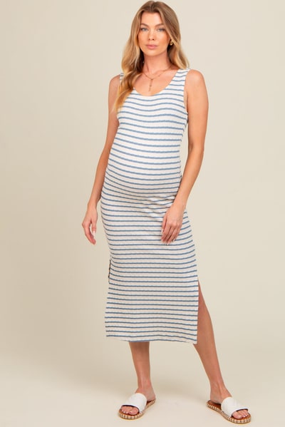 PinkBlush Light Blue Striped Side Slit Maternity Midi Dress