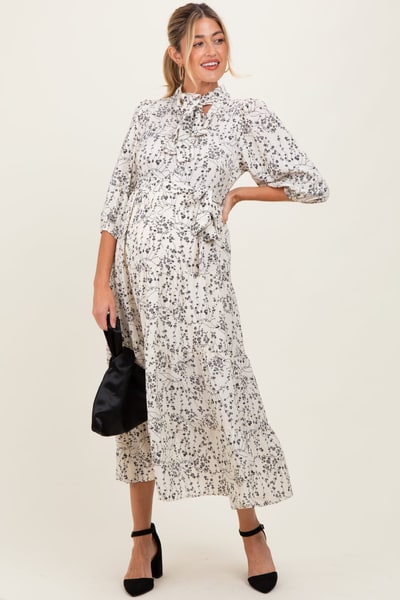PinkBlush Cream Floral Neck Tie Maternity Midi Dress