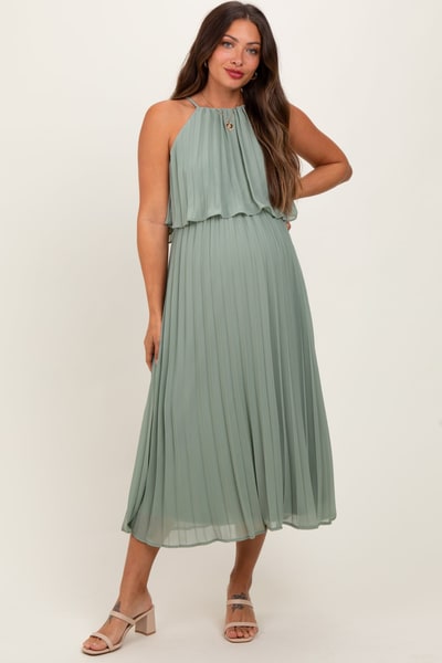 PinkBlush Light Olive Pleated Woven Maternity Midi Dress