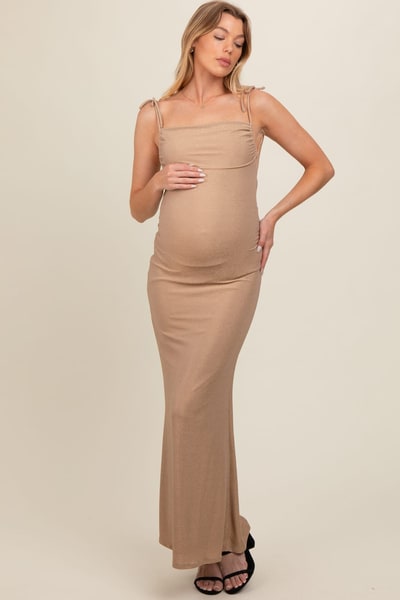 PinkBlush Gold Glitter Shoulder Tie Open Back Maternity Maxi Dress