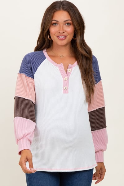 PinkBlush Pink Textured Rib Colorblock Raglan Maternity Long Sleeve