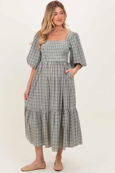 PinkBlush Sage Plaid  Bubble Sleeve Maternity Dress
