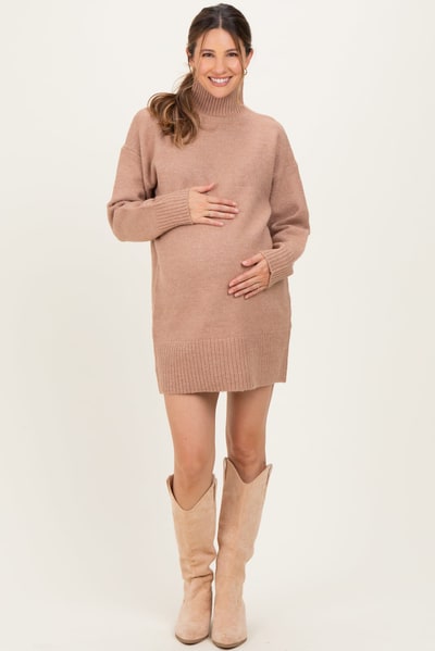 PinkBlush Taupe High Neck Sweater Maternity Mini Dress