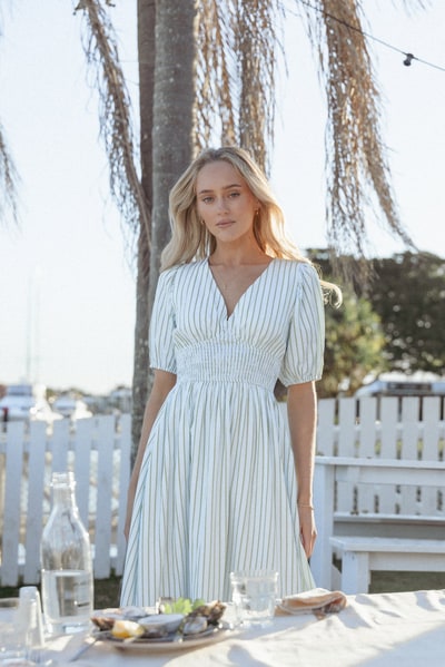 Petal & Pup Ronnie Short Sleeve Midi Dress - Green Blue Stripe