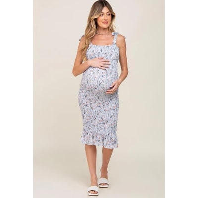 Target Pinkblush Light Blue Floral Smocked Fitted Maternity Dress XL