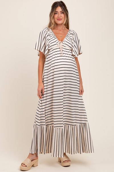 PinkBlush Cream/ Black Stripe Knit Flutter Sleeve V-Neck Tiered Maternity Maxi Dress